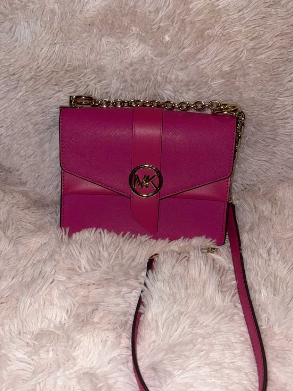 Michael Kors Hot Pink Crossbody with Gold MK Emblem